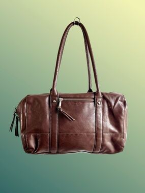 Brown Faux Leather Top Zip Close Dual Handle Barrel Shoulder Duffle Bag